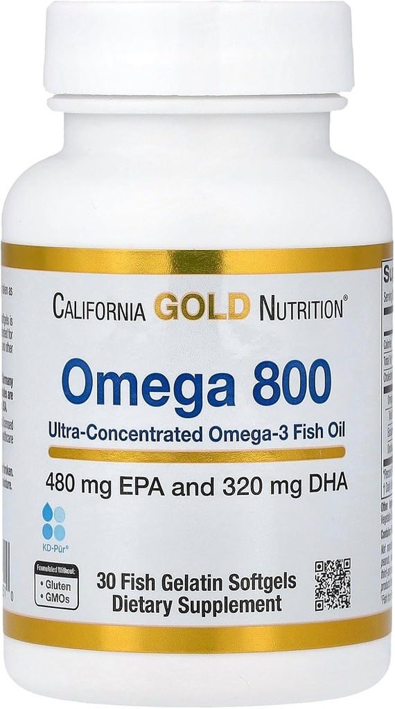 California Gold Nutrition Omega 800 Ultra-Concentrated Omega-3 Fish Oil, forma di trigliceridi kd-pur®, 30 Pesce Gelatin Softgels (1,000 mg per Softgel)