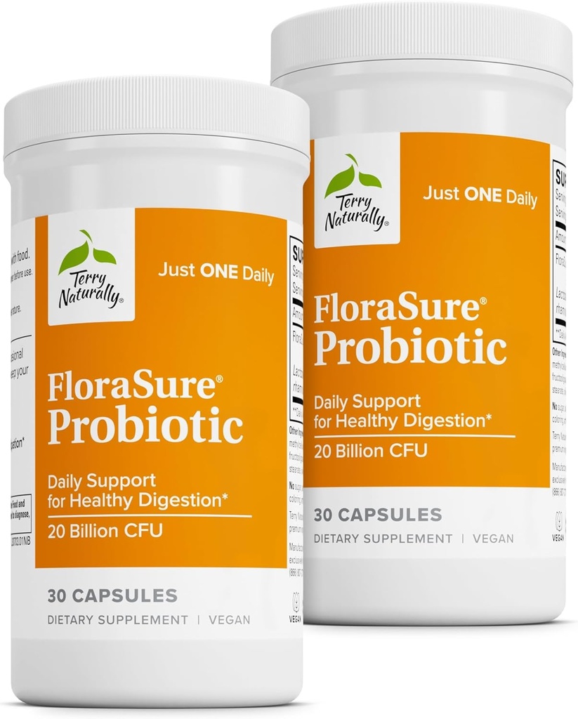Terry Naturally FloraSure Probiotic - Supplemento di digestione agli aiuti contro occasionali Bloating & Support Gas Relief - Gut Health Support with Bifidobacterium Bifidum - 30 capsule (Pack of 2)