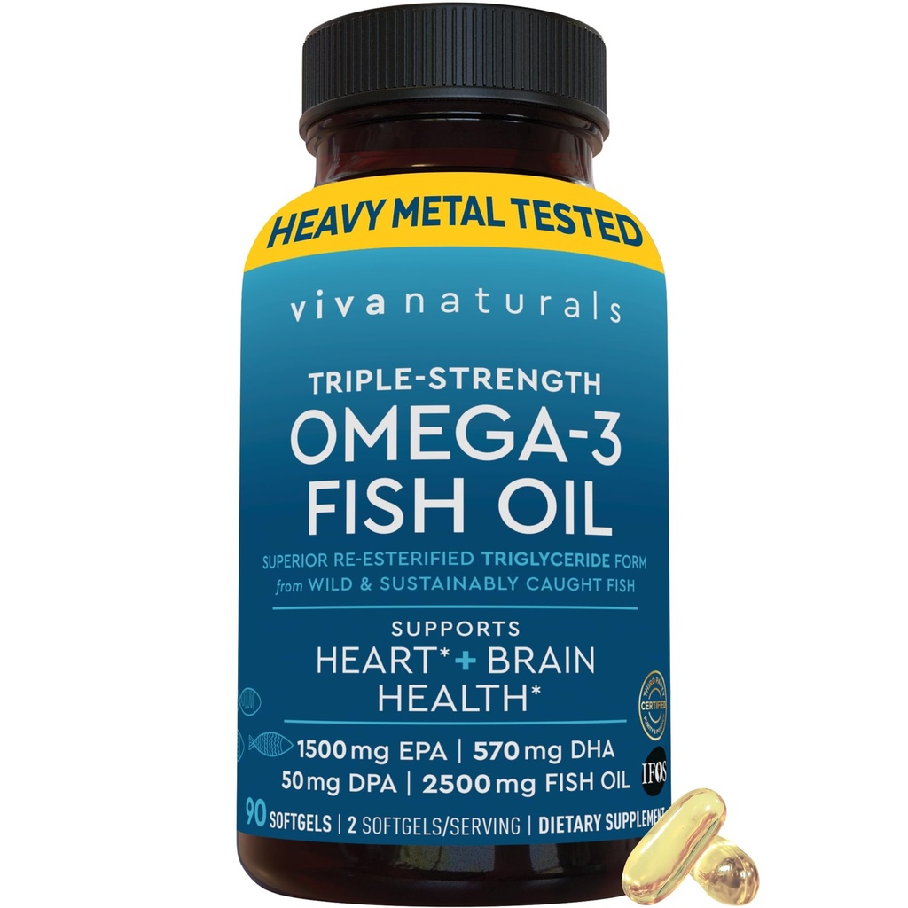Viva Naturals Triple Strength Omega 3 Fish Oil Pills – 2500 mg High-Potency Formula con 2250 mg Omega 3 acidi grassi (incluso EPA, DHA, DPA) in rTG Formula per l'assorbimento – Certificato IFOS, 90 Softgels