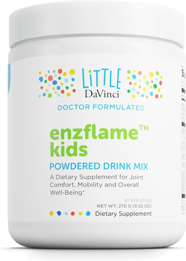 Piccolo DaVinci Enzflame Kids - Integratore di miscela di bevanda in polvere per sostenere il muscolo e il comfort congiunto, la mobilità e la salute immunitaria* - Con Calcio, Sodio, Enzimi, DMG, e altro - Aroma arancione - 30 Serve