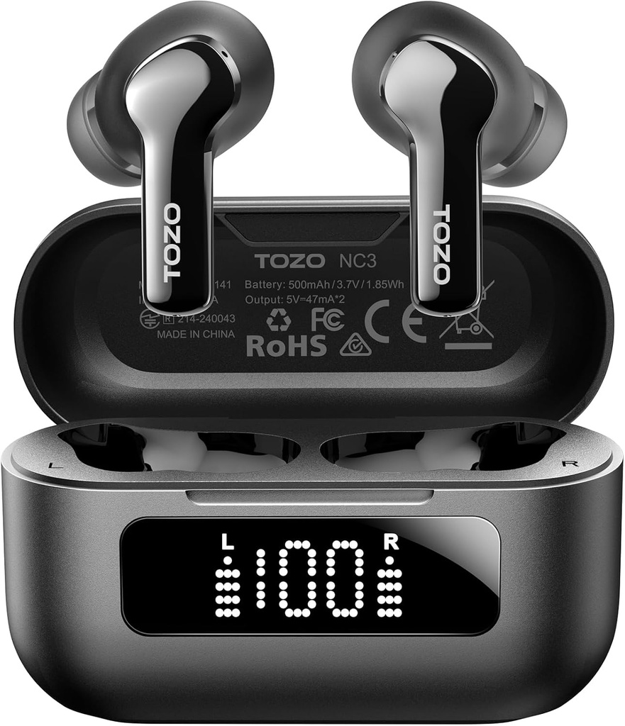 TOZO NC3 Hybrid Active Noise Cancelling Wireless Earbuds con 6 Mics AI Clear Call Ear Buds 55H Playtime con display LED 32 Preset EQs tramite APP Bluetooth 5.3 IPX8 Impermeabile nelle cuffie