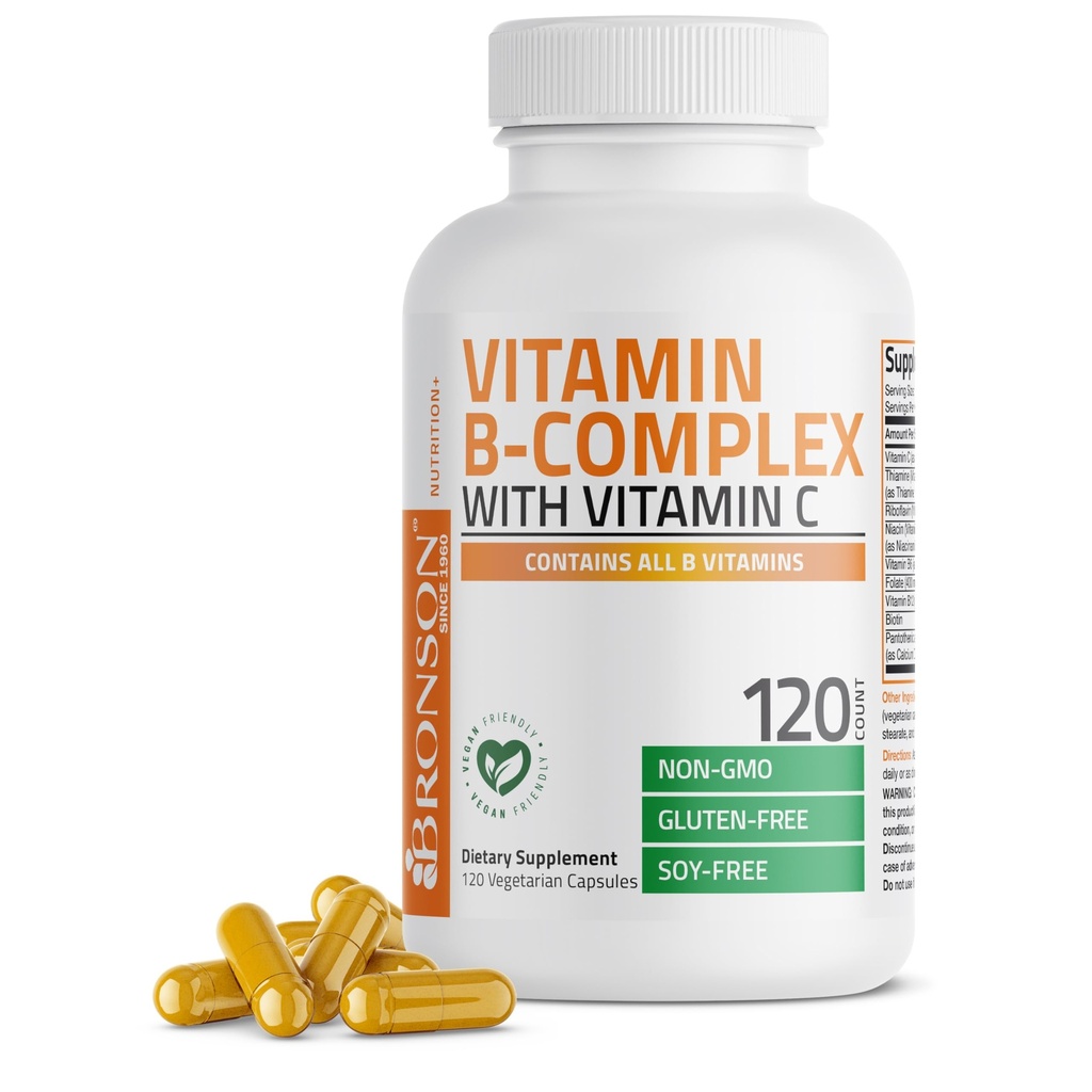 Bronson Vitamina B Complex con Vitamina C - Salute Immune, Supporto Energetico & Supporto Sistema Nervoso - Non OGM, 120 Capsule Vegetariani
