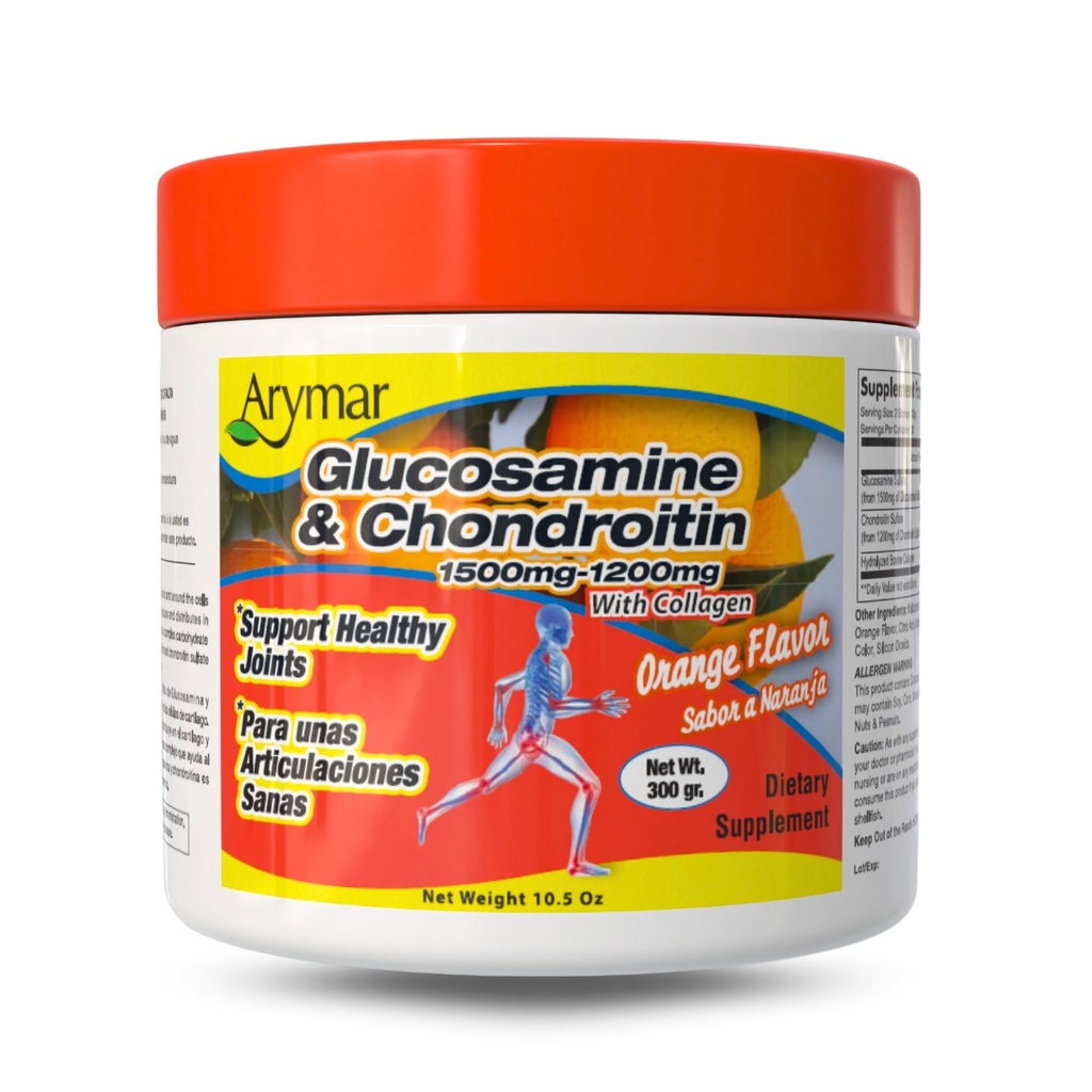 Arymar Glucosamine 1500 mg + Condroitina 1200 mg con collagene – Polvere comune aromatizzata arancio, 300 g