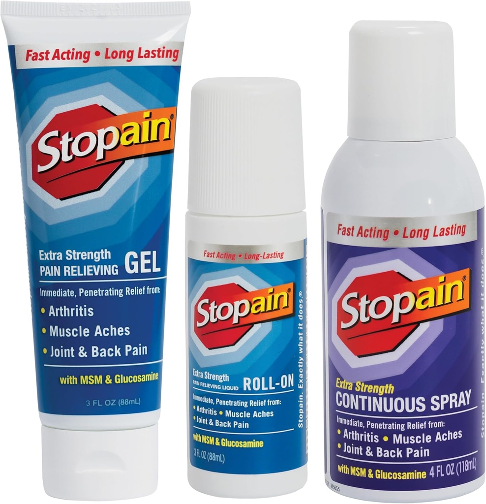 Stopain Pain Relief Combo Set (Gel, Roll On, Spray) USA Made, Max Strength Fast Acting con MSM, Glucosamine, Mentolo per la parte inferiore della schiena, ginocchio, collo HSA FSA Topical Analgesic Products