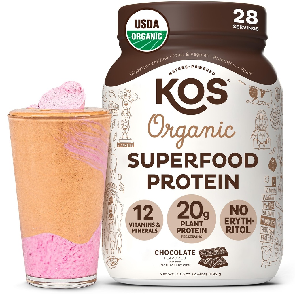 KOS Vegan Protein Powder Erythritol Free, Chocolate - Organic Pea Protein Blend, Plant Based Superfood Rich in Vitamine & Minerali - Keto, Dairy Free - Meal Sostituzione per Donne & Uomini, 28 Serve