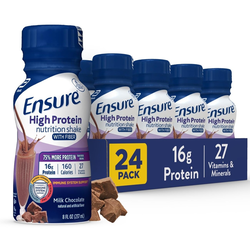 Assicurare la Shake di Nutrizione di Cioccolato di Cioccolato con Fibra, Pronta a Bere, Proteine 16g e 27 Vitamine e Minerali, 8 fl oz, 24 Pack
