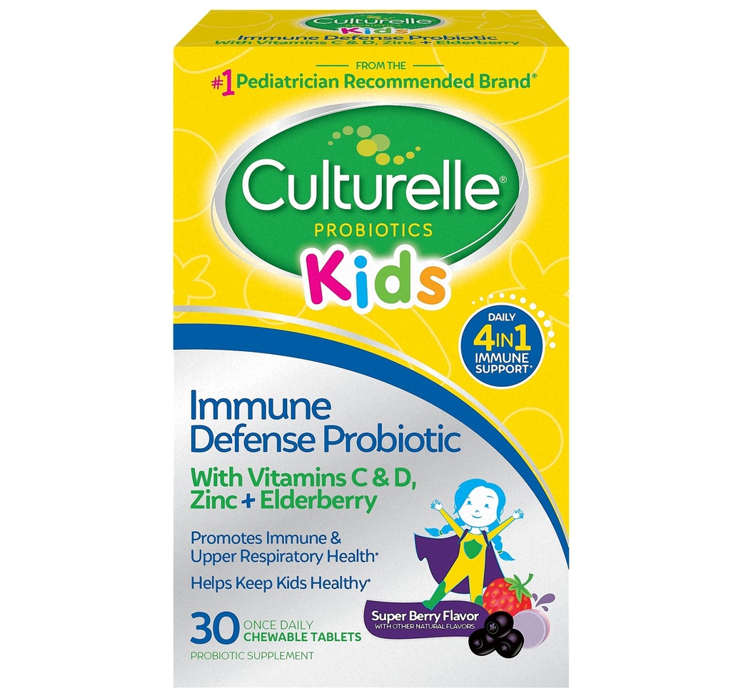 Culturelle Immune Defense Probiotico con Vitamina C, Vitamina D e Zinco + Elderberry, Non OGM, 4-in-1 Supporto Immune per Bambini Età 3+*, Miscelato Berry Chewables, 30 Conte
