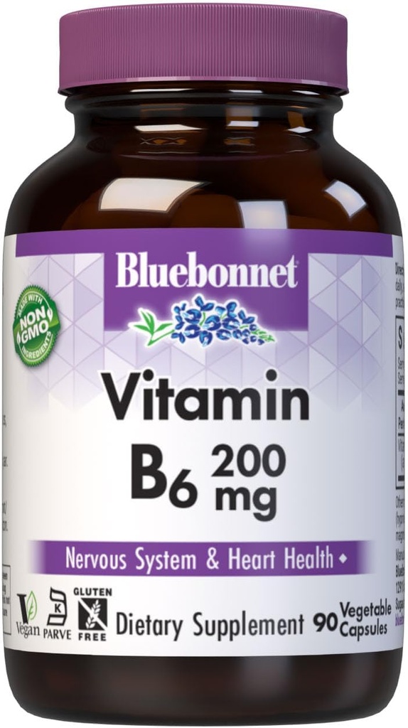 Bluebonnet Nutrition Vitamina B6 Capsule vegetali, 200 mg, Per la salute del sistema cardiovascolare e nervosa, Soia Free, Gluten Free, Kosher, Dairy Free, Vegan, Non-GMO, 90 Capsule vegetali, 90 Serve