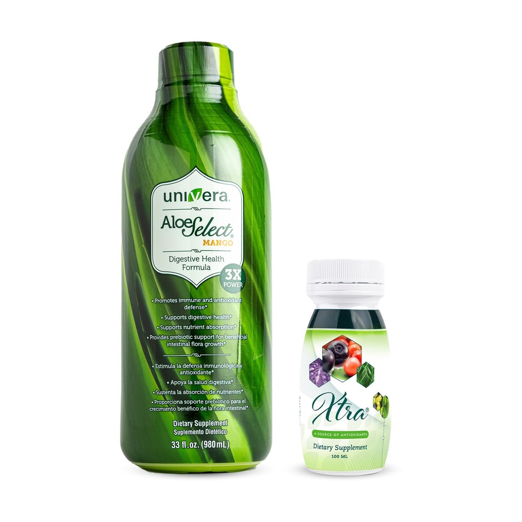 Univera per andare Confezione Aloe Vera Succo, Aloe Organica Vera, Mango Flavor Xtra Minis, Multimineral Fruits Complex, 15 Ingredienti Naturali,