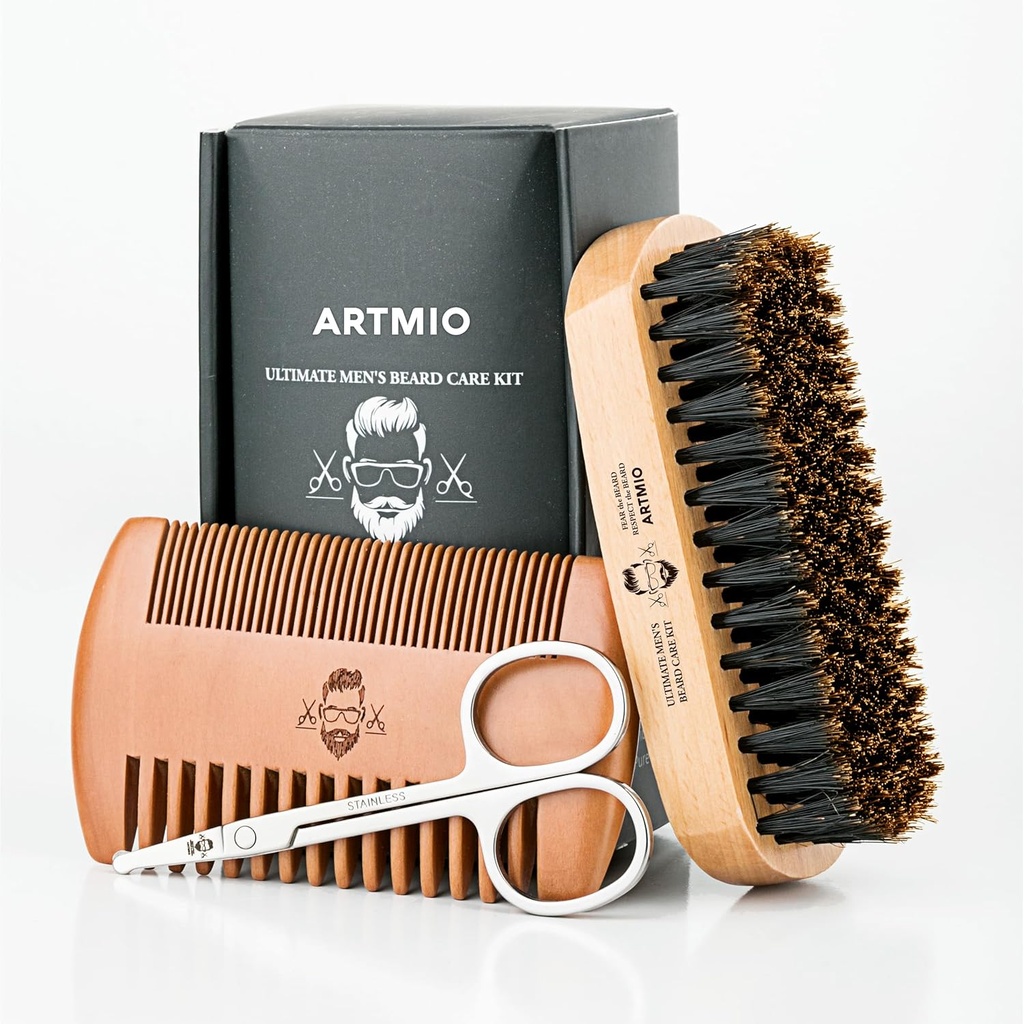 Cuscinetto Spazzola, Pettine e Forbici Set per la cura del cuscinetto degli uomini - Boar Bristle Hair Brush & Wood Comb & Forbici in acciaio - Styling del cuscinetto, Grooming & Shaping Tools