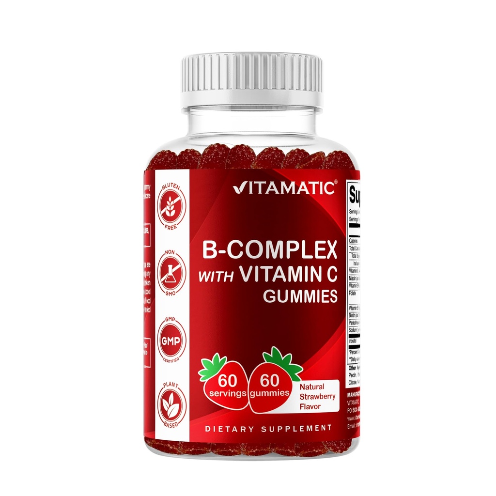Vitamatic Vitamina B Complex Gummies con Vitamina C & Inositol - Natural Strawberry Flavor - 60 Gummies (1 Bottiglia)