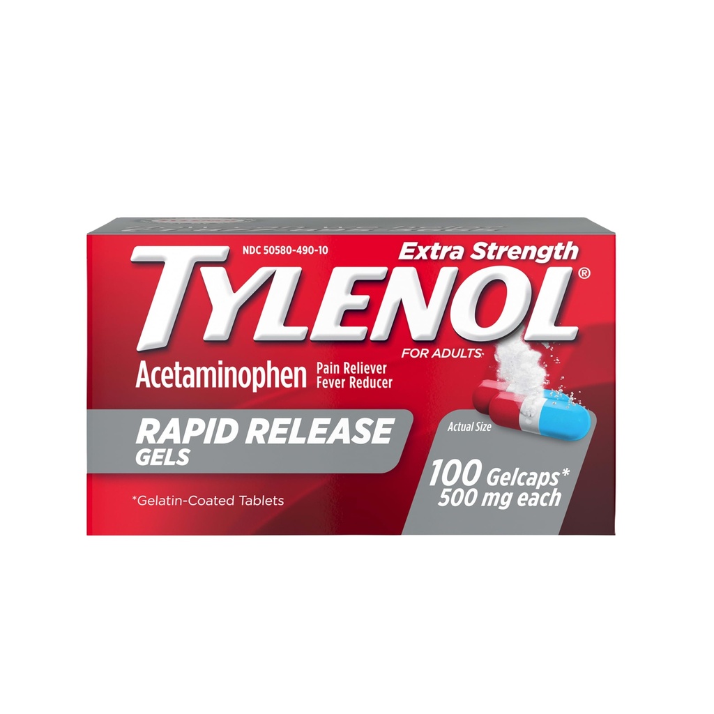 Tylenol Extra Strength Acetaminophen Rapid Release Gel, Riduttore di dolore & Fever, Gelcaps con fori laser-Drilled per il rilascio veloce, Gentle on Stomach, 500 mg Per Gelcap, 100 Conte OTC Medicine