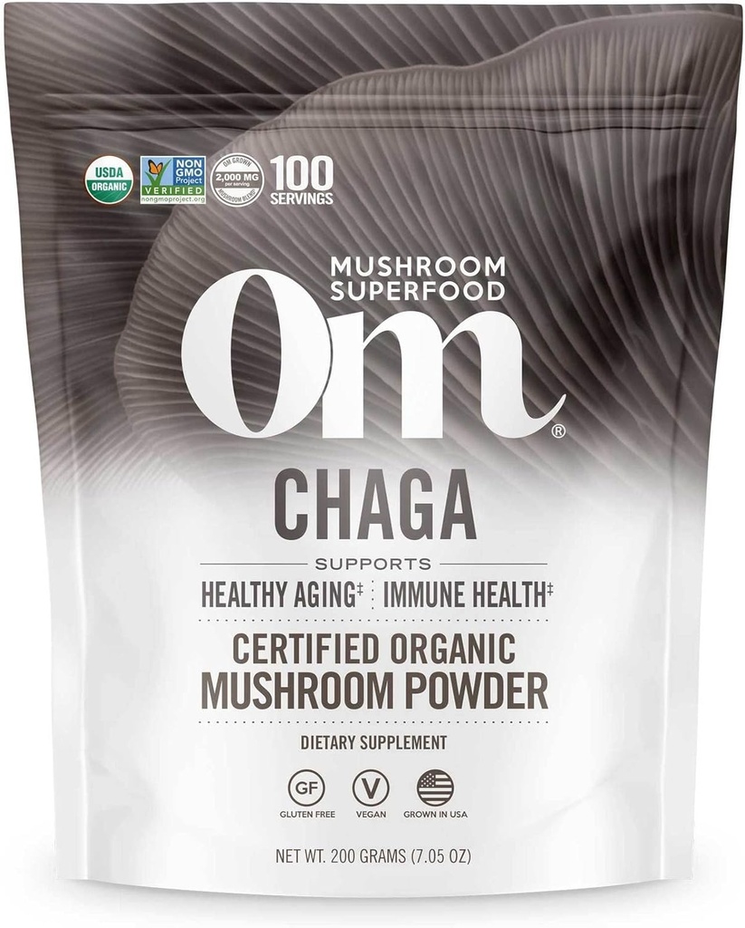OM MUSHROOM SUPERFOOD Chaga Organic Mushroom Powder, 7.05 Ounce Pouch, 100 Servings, US Grown, Sacra Antiossidanti e supporto immunitario, Superfood Mushroom Supplement