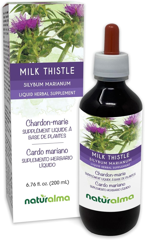 Naturalma Milk Thistle (Silybum marianum) Frutta e erba Alcol-Free Tincture - 6.76 fl oz Liquid Extract in Drops - Integratore di erbe - Vegan