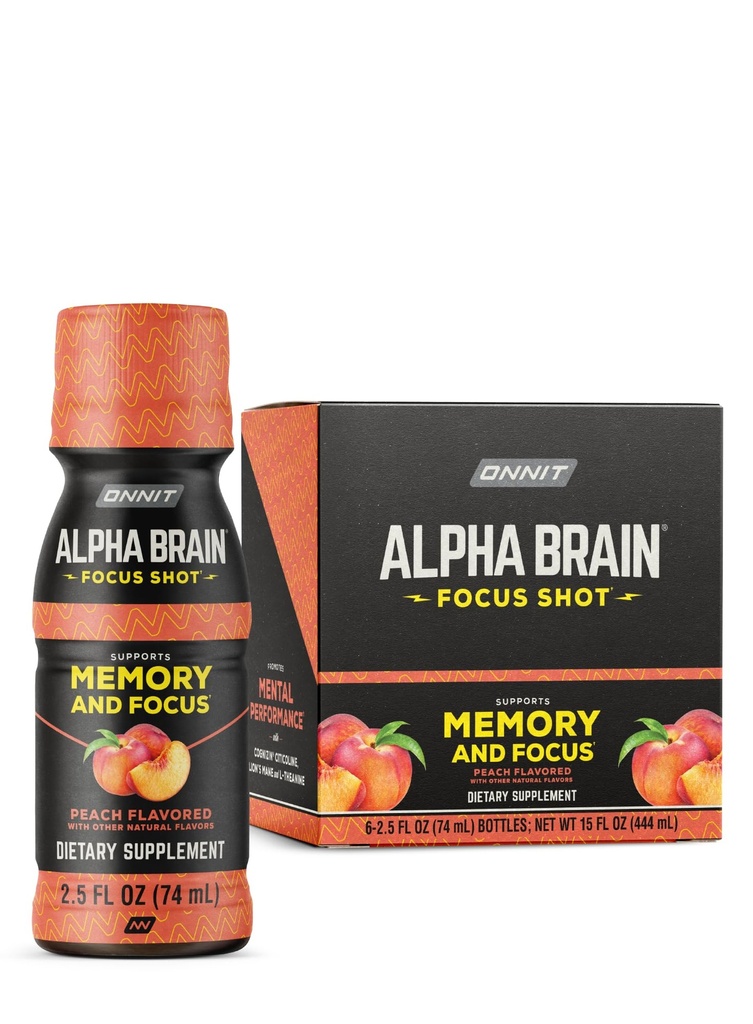 ONNIT Alpha Brain Focus Shot, Peach Flavor, Nootropic Dietary Supplement Drink Che Supporta Energia, Focus e Mood, IGENTM Non-GMO Testato, 2.5 fl oz, 6 Conte