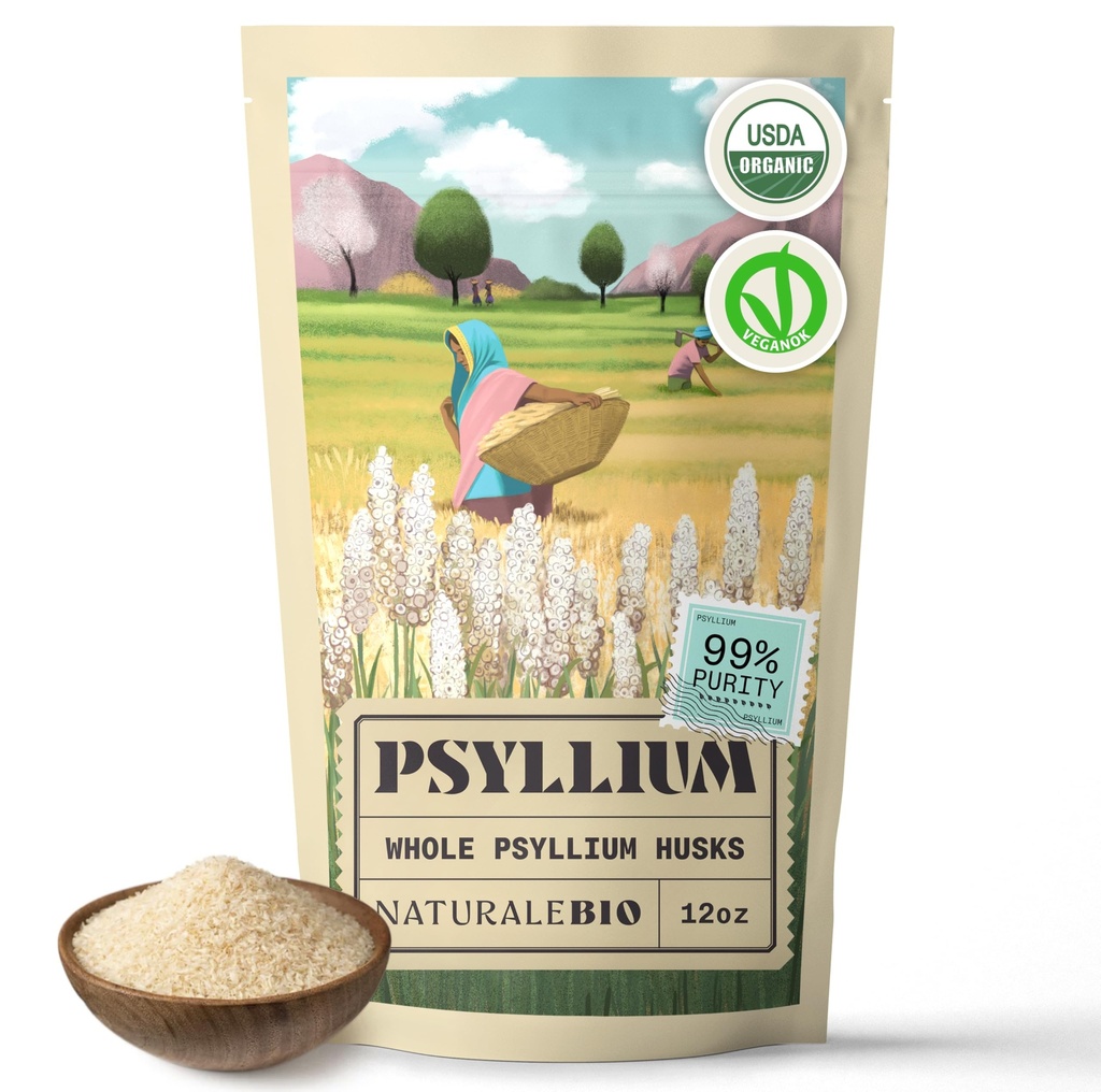 NaturaleBio Full Psyllium Husk. 12 oz. 99% Pure Psyllium Seed Husks. Integratore di fibre naturali. USDA Organic Certified. Prodotto in India. Gluten Free, Keto, Paleo, Diete Vegane. Probiotici