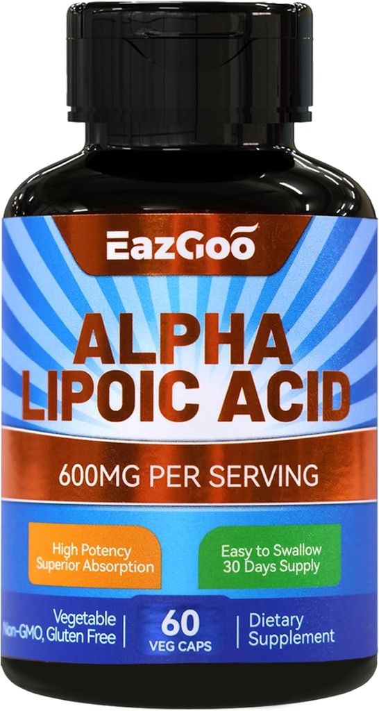 Supplemento di acido lipoico alfa, acido lipoico alfa 600mg per la dose, vegano, senza glutine, supplemento di ALA non OGM, 60 capsule vegetali