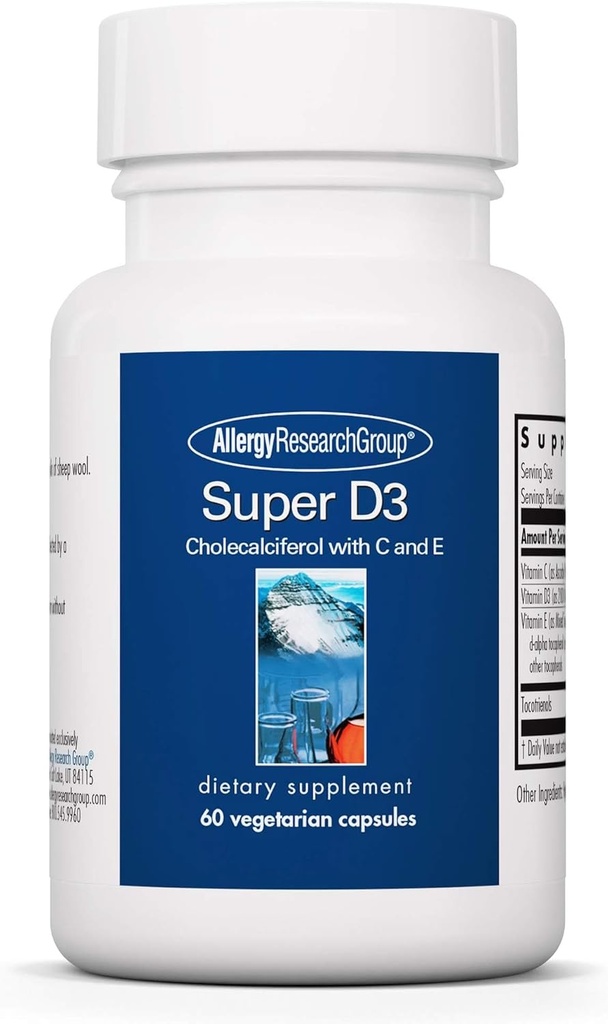 Allergy Research Group Super D3 Integratore alimentare - Supporto Bone & Immune, Cholecalciferol con C & E, Capsule Vegetariani, Gluten Free - 60 Count