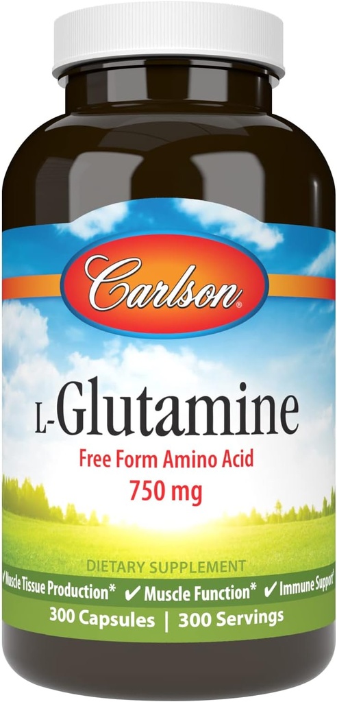 Carlson - L-Glutamina, Aminoacido Free-Form, 750 mg, Produzione di tessuti muscolari, 300 capsule