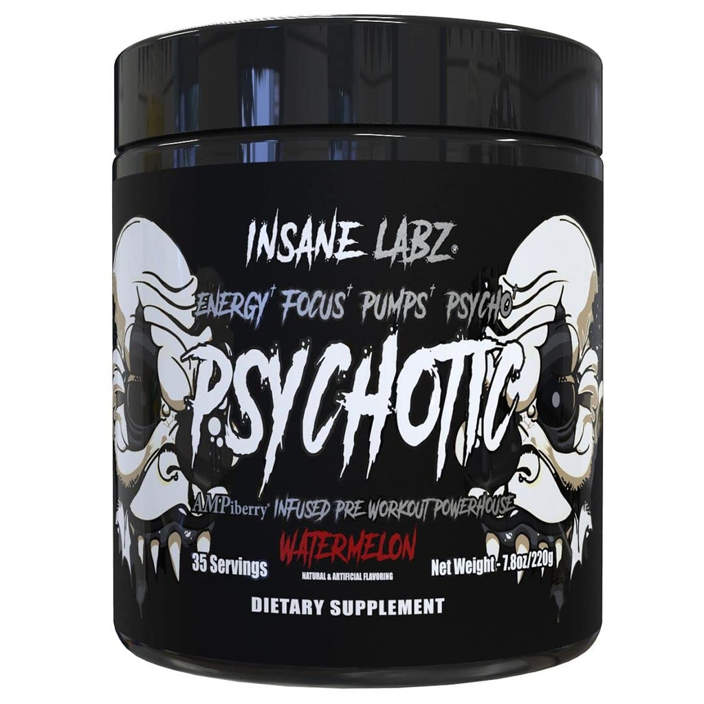 Insane Labz Psychotic Black Edition Mid Stimulant Pre Workout Powder, Energy Focus Pumps, Caricato con Creatine Beta Alanine Taurine Fueled da AMPiberry, 35 Servings (Watermelon)