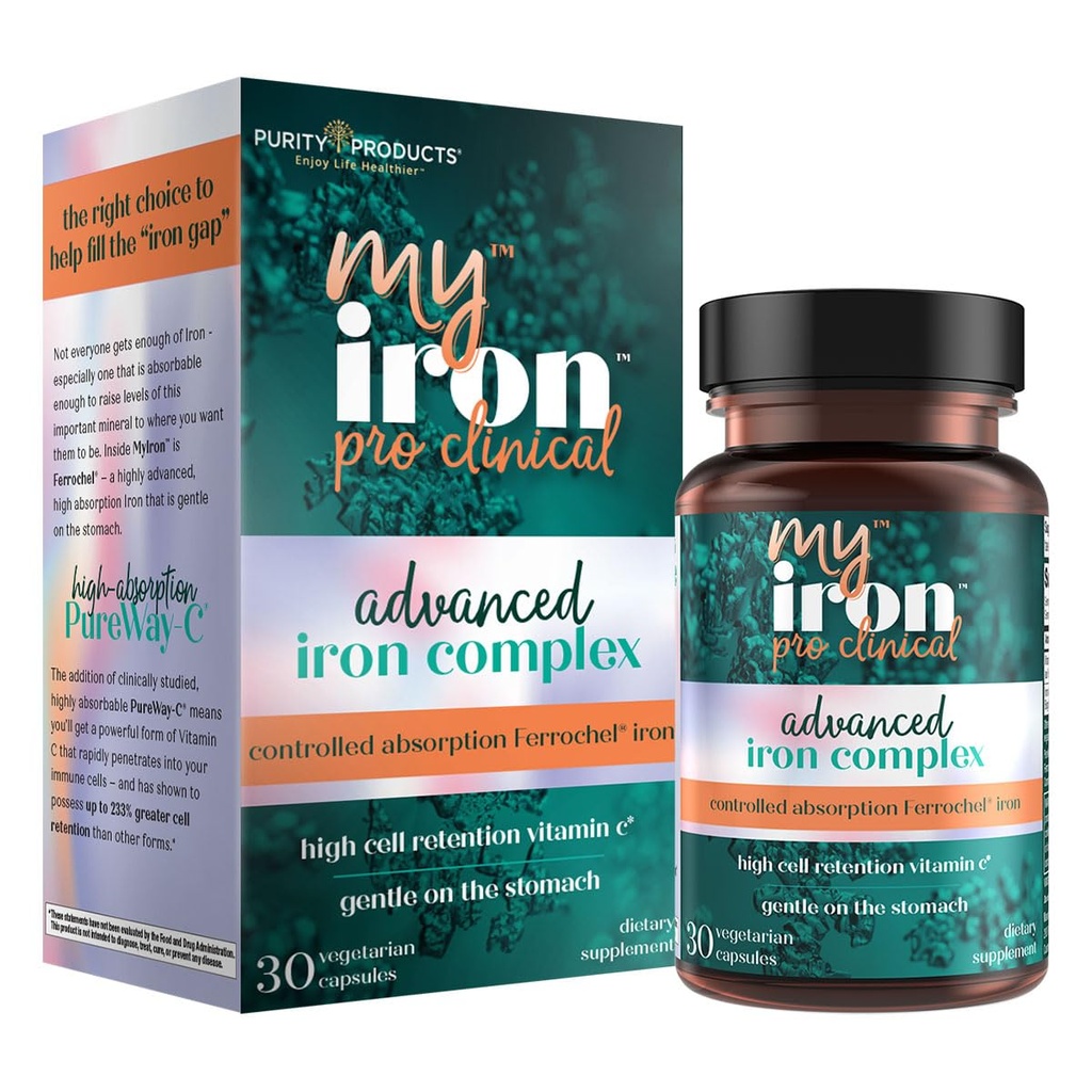 MyIron ProClinical by Purity Products - Iron (Ferrous Bisglycinate Chelelate) + Vitamina C (PureWay-C) - Gentle on The Stomach - Controlled Absorption - Promuove le cellule sane del sangue rosso - 30 Conte (1)