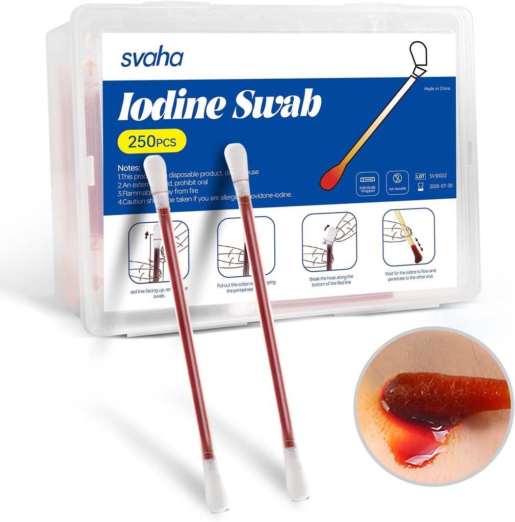 Svaha Povidone Iodio Swabsticks - 250 Sticks Individually Wrapped, Iodio Soluzione Rilasciata Quando scattato, Senza Asciugare, Perfetto per la cura del tessuto, Kit di pronto soccorso, Viaggi &amp; Uso all'aperto