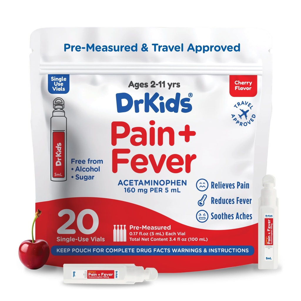 Dr. Kids Pain and Fever Medicine - Acetaminophen for Kids Età 2-11, Pre-Measured Single-Use Vials for Headache, Sore Throat, Cold and Flu, Cherry Flavor, 20 Conte (Pack of 1)