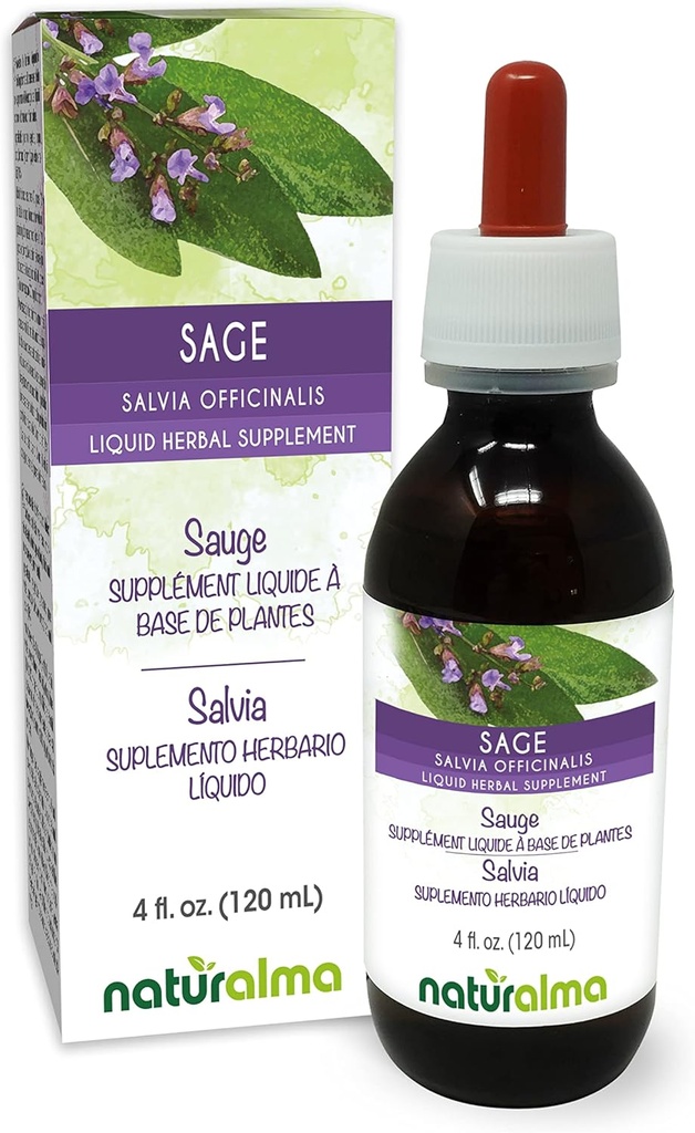 Naturalma Sage (Salvia officinalis) Leaf Alcohol-Free Tincture - 4 fl oz Liquid Extract in Drops - Integratore di erbe - Vegan