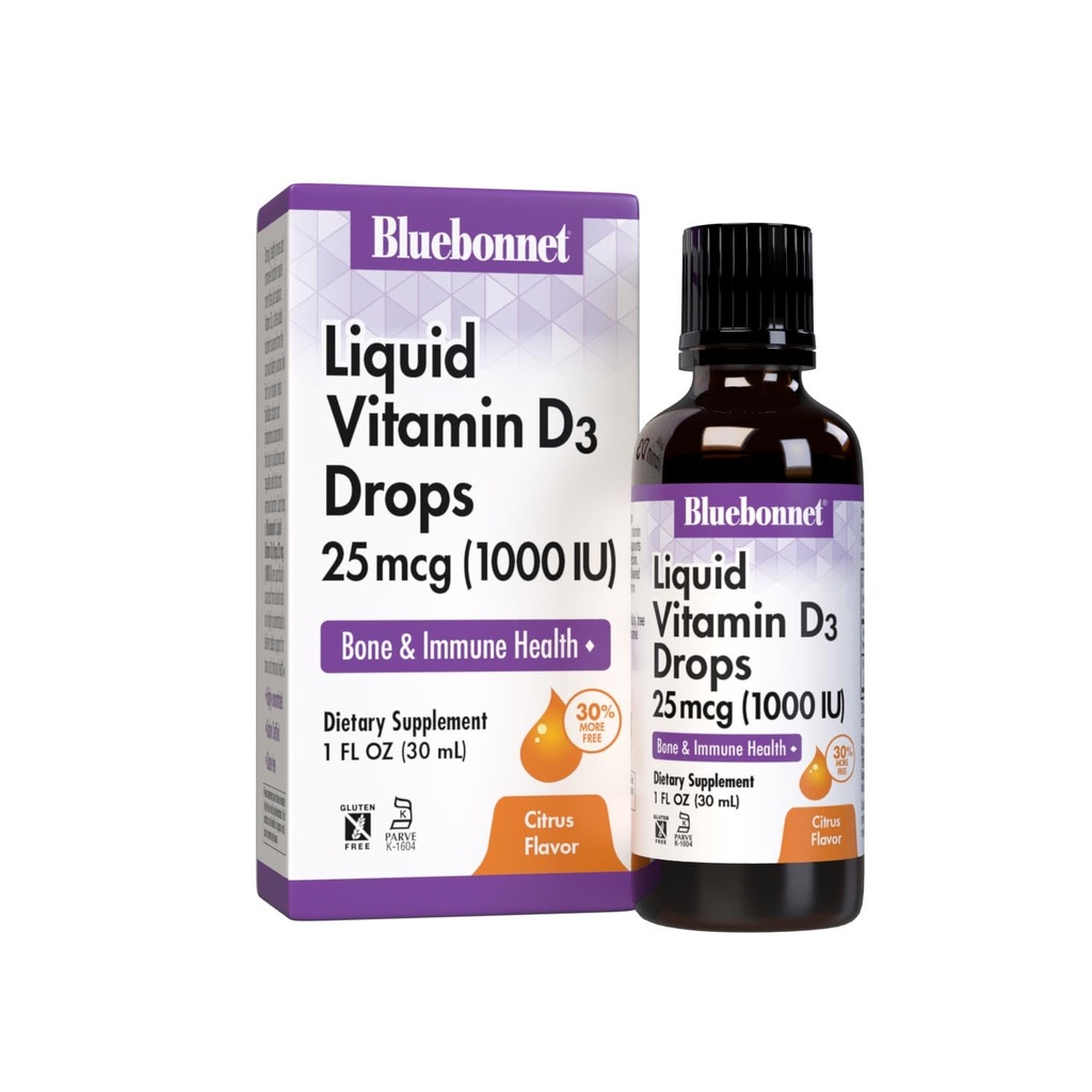 BlueBonnet Vitamin D3 1000 IU 25mcg Strong Bones & Immune Support Supplemento - Vitamine liquide per Donne & Uomini - Lanolin VIT D Gocce con olio MCT - Non OGM, Vegetariano - Citrus Flavor - 1 Fl Oz