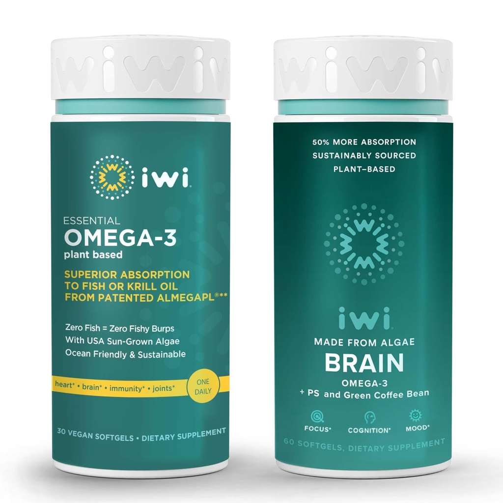 Iwi Omega-3 Essential & Brain Omega-3 Bundle, 30 Serve, Vegan pianta-Based Algae Omega 3 con EPA + DHA, Krill & Fish Oil Alternative, No Fishy Aftertaste