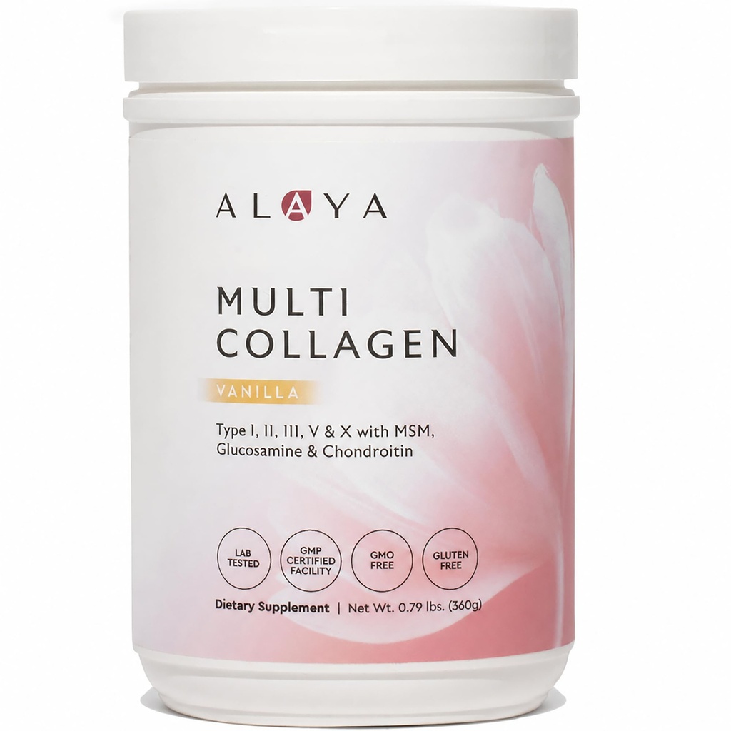 Alaya Multi Collagen Powder - Tipo I, II, III, V, X Integratore idrolizzato Peptidi Proteine Peptides con MSM + GC (Vanilla)