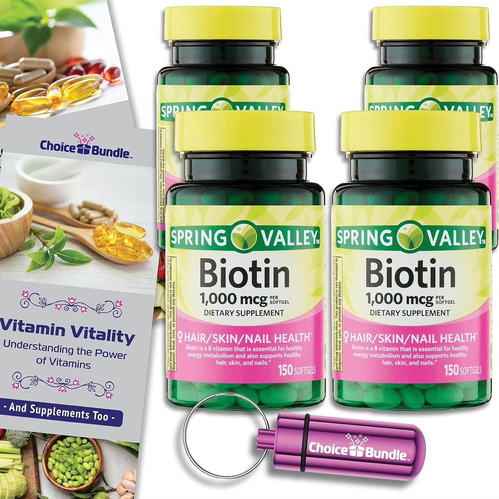 Scelta Bundle Spring Valley Biotin Softgels 1000mcg Integratore alimentare per la salute della pelle dei capelli 150 Ct 4 pk (600 Totale) + Guida alla vitamina & Pill Container (6 voci)!