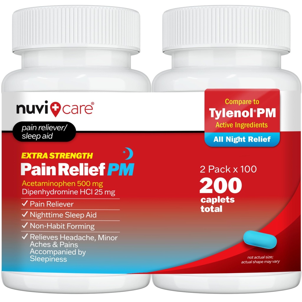 Relief del dolore extra di resistenza PM - Acetaminophen 500mg & Diphenhydramine 25mg - Confronta con Tylenol PM Extra Strength Sleep Aid - Adult PM Pain Reliever for Nighttime Aches & Pains (100 compresse)