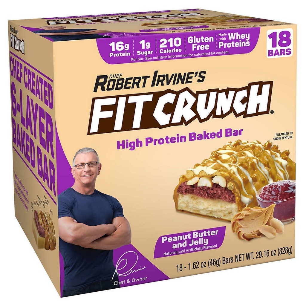FITCRUNCH Snack Size Protein Bars, 6-Layer Baked Bar, 1g di zucchero, Gluten Free & Soft Cake Core (18 bar, burro di arachidi e gelatina)