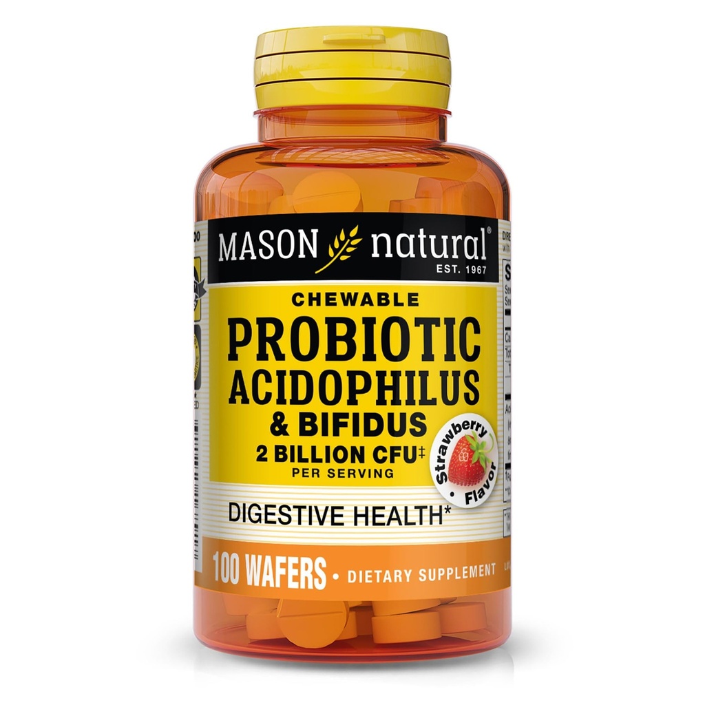 MASON NATURAL Probiotic Acidophilus con Bifidus, 50 giorni di alimentazione, Supporta la digestione normale sana, aroma di fragola, 100 Wafers masticabili