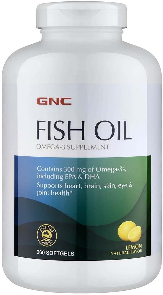 GNC Fish Oil Omega 3 Supplemento, 300mg EPA e DHA, Limone Flavor, Supporta Cuore, Cervello, Pelle, Occhio e Joint Health, 360 Softgels, 360 Servings