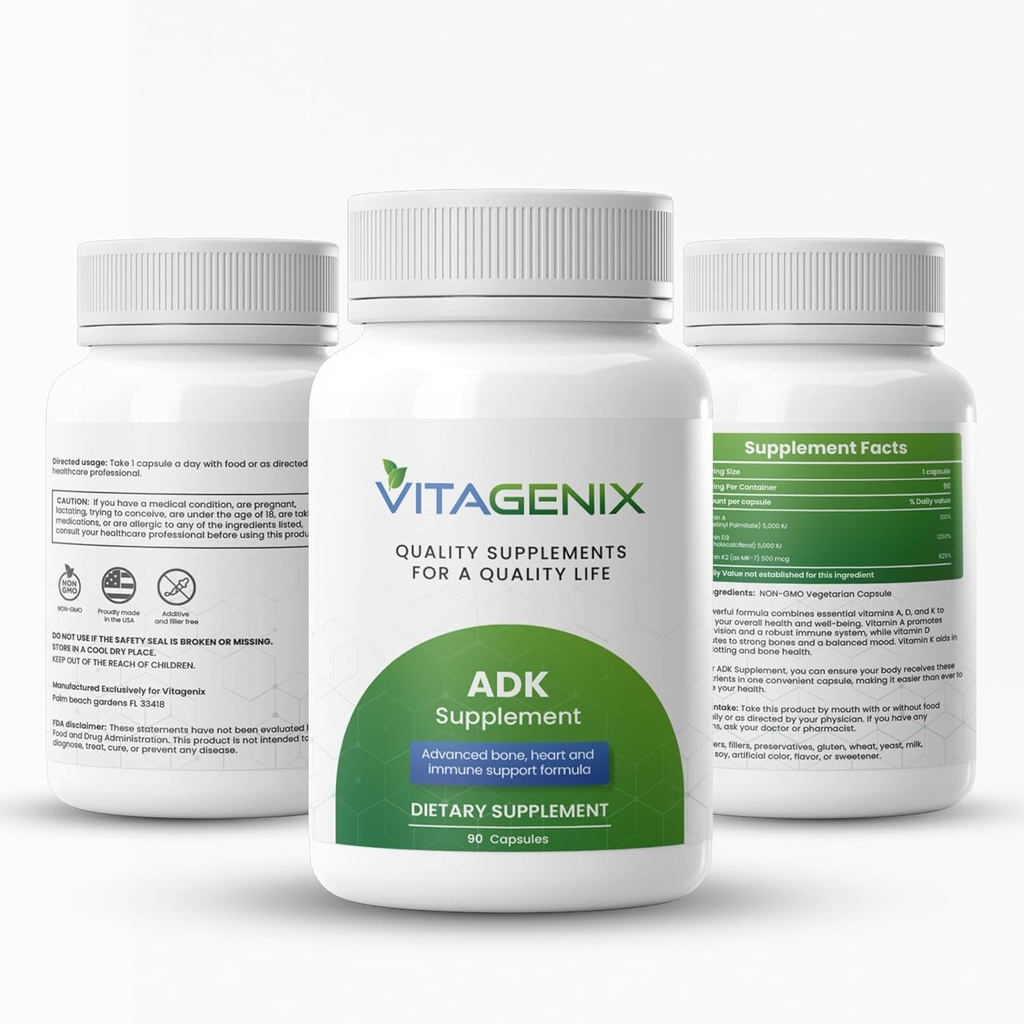 ADK 10 - Vitamina A, D3 & K2 Supplemento per gli uomini e le donne - Vitamina ad alta potenza ADK - Aiuta a sostenere Immune, Bone & Heart Health - 90 capsule
