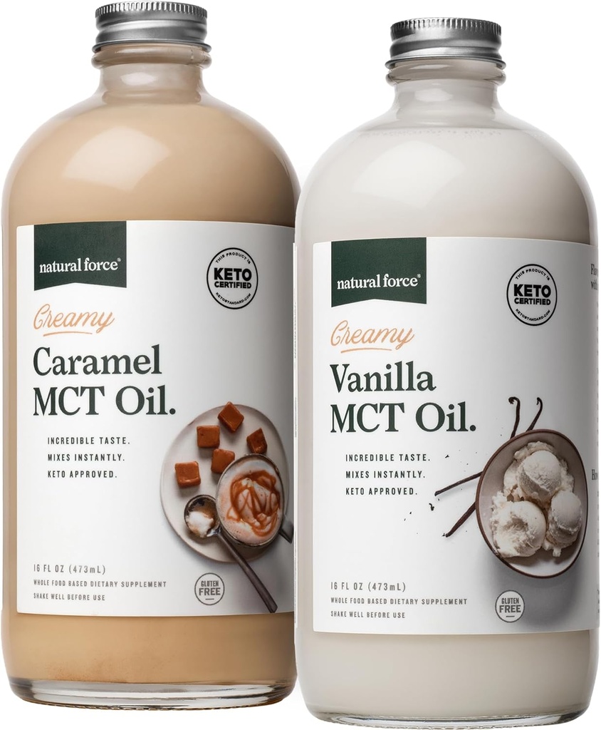 Natural Force Creamy Vanilla + Creamy Caramel MCT olio Bundle – senza glutine, non OGM, MCT aromatizzati di cocco biologico – Keto, Paleo e Vegan – 2x 16 bottiglie di vetro di oncia