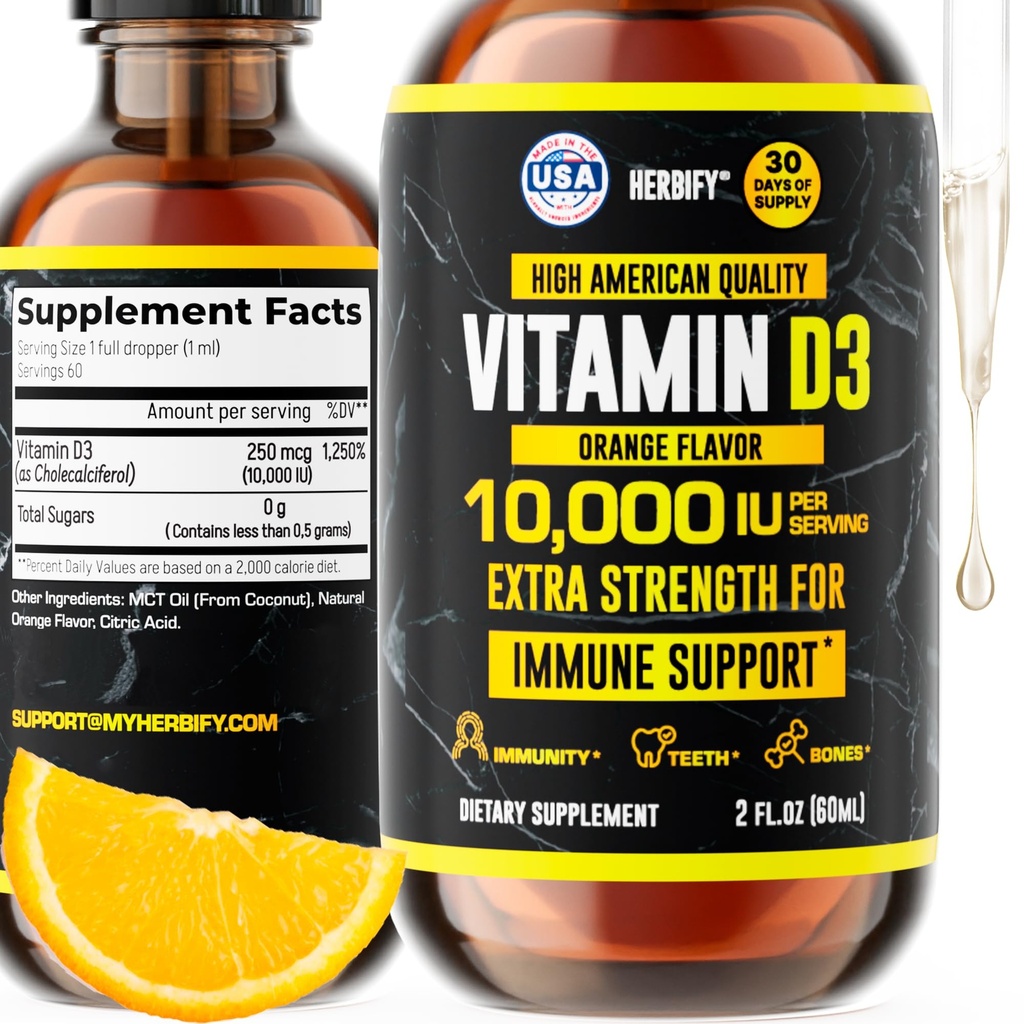 HERBIFY Vitamin D3 10000 IU - Made in USA Liquid Vitamin D Drops - Bone Strength and Immune Support Supplement - Sunshine Sostituzione - D3 Vitamina Bone e Teeth Supplement - 2 Oz