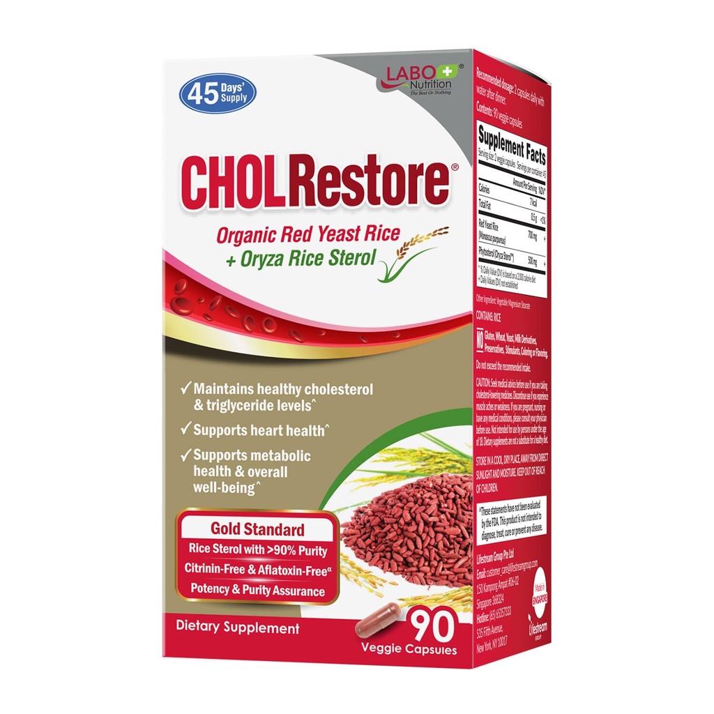 LABO Nutrition CHOLRestore – Riso di lievito rosso con Phytosterol Health Supplement, Supporta livelli di colesterolo sano, Citrina, Aflatoxin & Soy Free, 90 capsule vegetariane