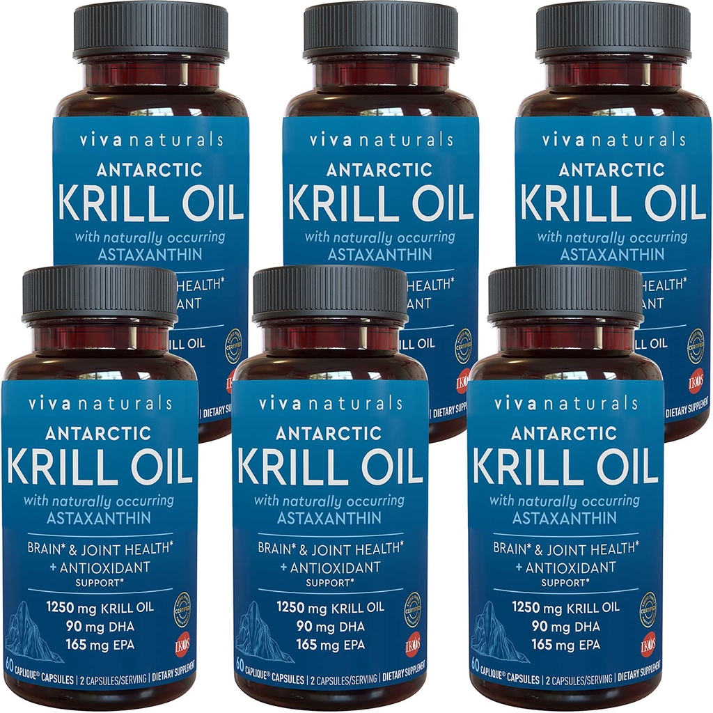 Viva Naturals Antarctic Krill Oil 1250 mg, Omega 3 EPA DHA e Astaxantina, Supporto congiunto e Brain Supplement con proprietà antiossidanti, No Fishy Aftertaste (Pack of 6)