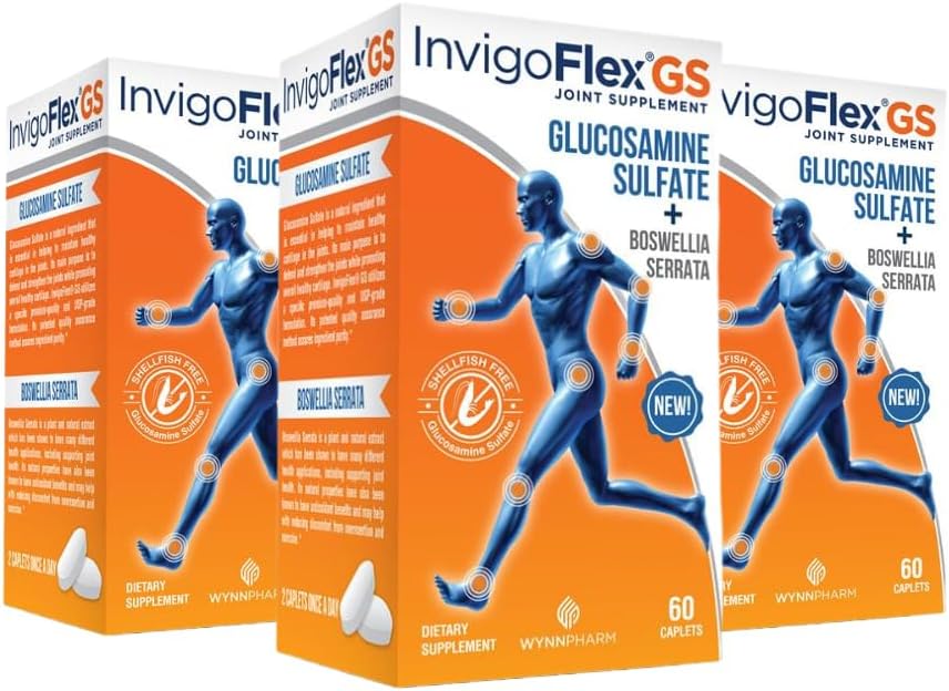 INVIGOFLEX Glucosamine Sulfate (Shellfish Free, Sodium Free & Vegetarian Safe) Non OGM, Gluten Free - con Boswellia Serrata - Premium Joint Supplement GS - 3 Pack