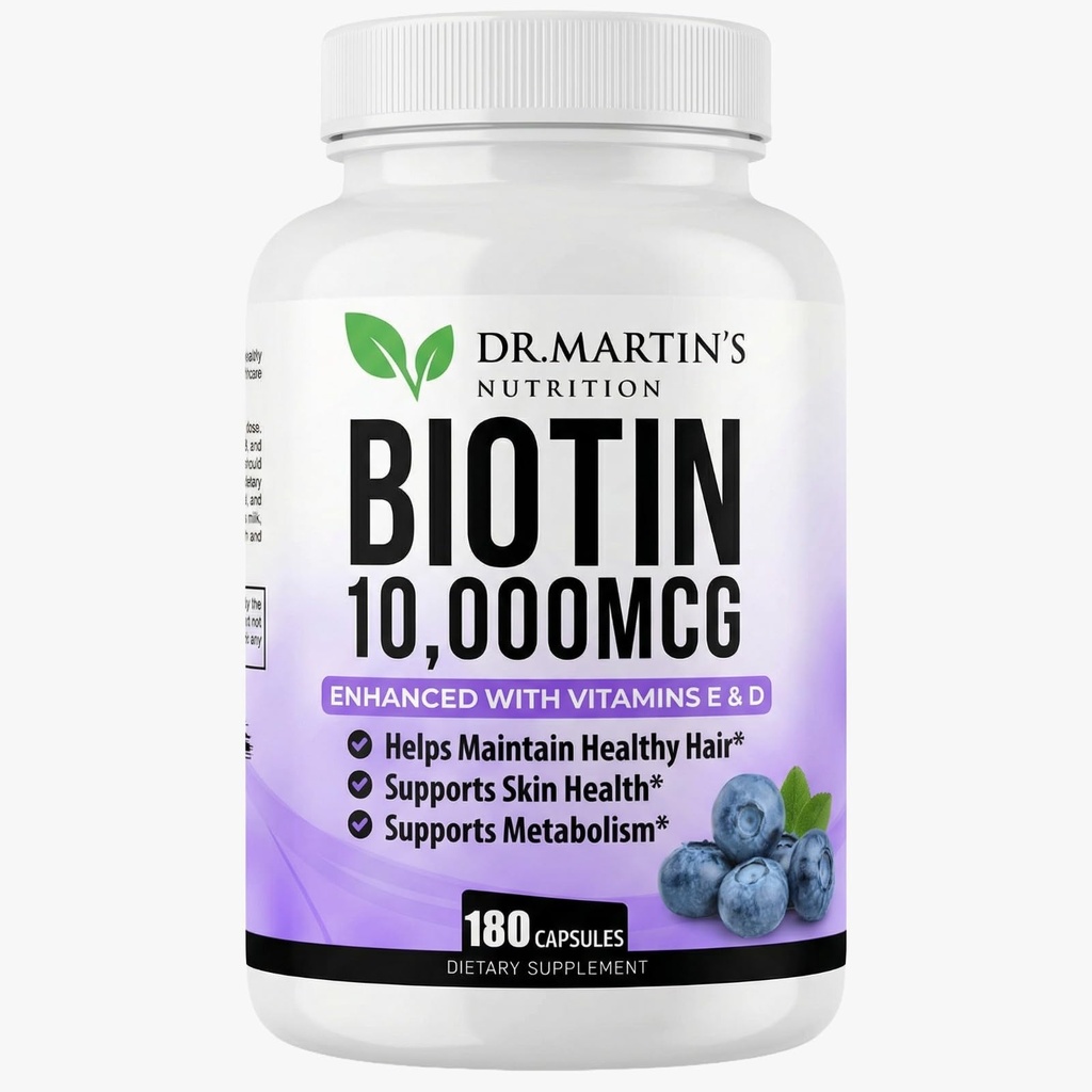 Potente biotina (Vitamina B7) 10.000 mcg con Vitamine D & E Supplemento | 180 Conta | Capelli, Pelle e Unghie | Per la crescita dei capelli più spessi e più forti | Pelle sana e giovanile & unghie forti | Supporto energetico
