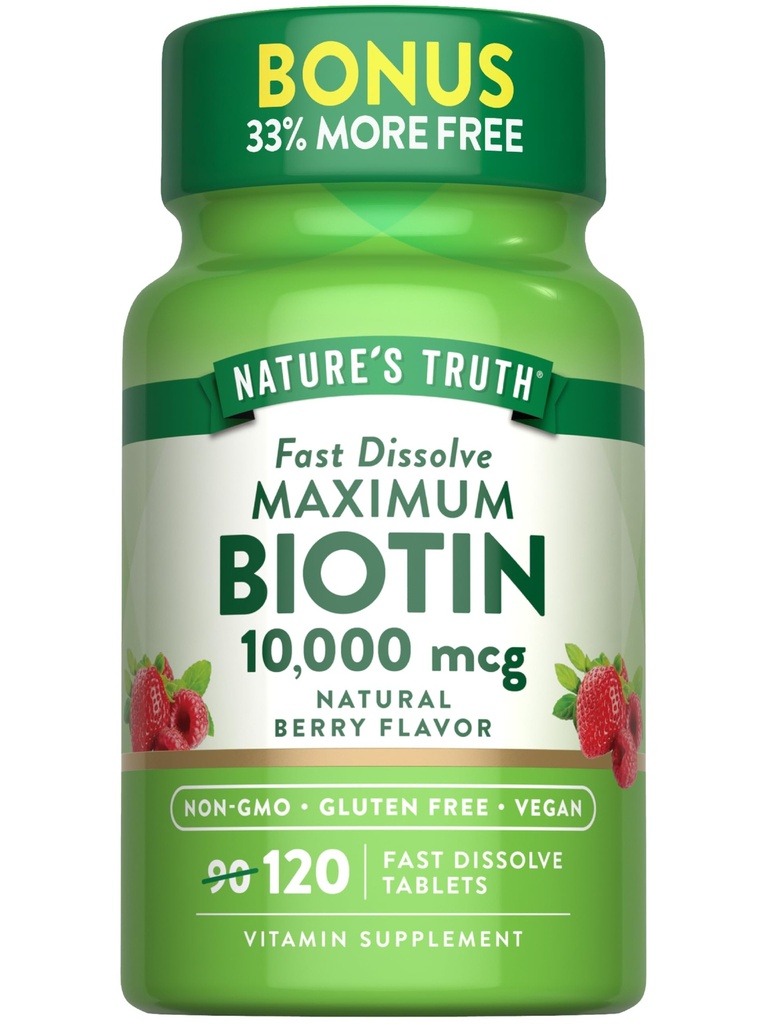 La verità della natura Biotin 10000mcg | 120 compresse di dissolve veloci | Forza massima | Natural Berry Flavor | Vegan, Non OGM & Gluten