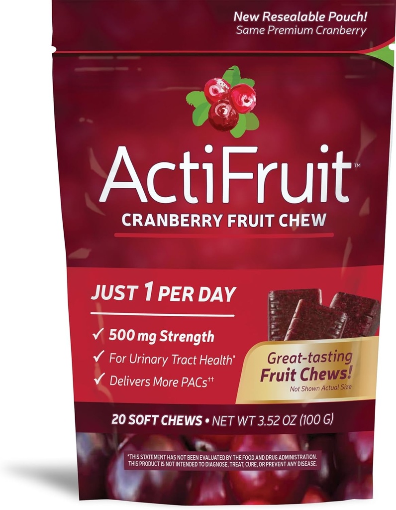 Terapia enzimatica Actifruit Cranberry Supplemento con Cran-max, 500 mg, 20 Soft Chews, Boxes (Pack of 2)