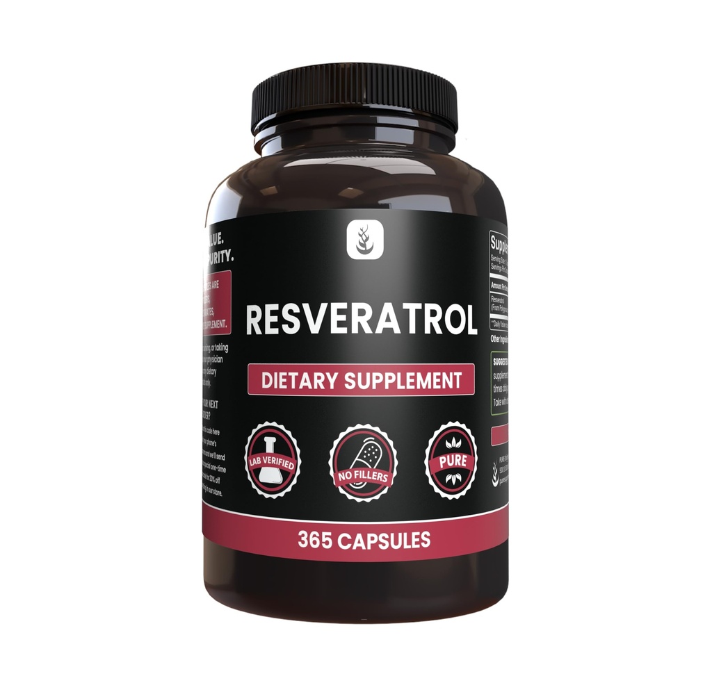 PURE ORIGINAL INGREDIENTI Resveratrolo, (365 capsule) Nessun filler di magnesio o di riso, sempre puro, verificato il laboratorio