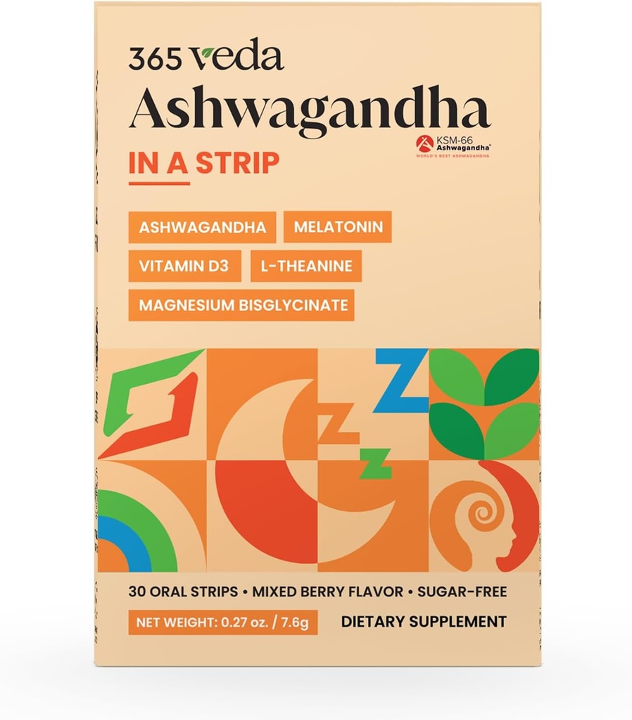 Ashwagandha Oral Strips 100 mg KSM 66 Ashwagandha, L-teanina, Melatonina, Vitamina D3 e Magnesio, Vegan Strip for Men and Women, Sugar-Free, Non-GMO, 30 Oral Strips (Berry)