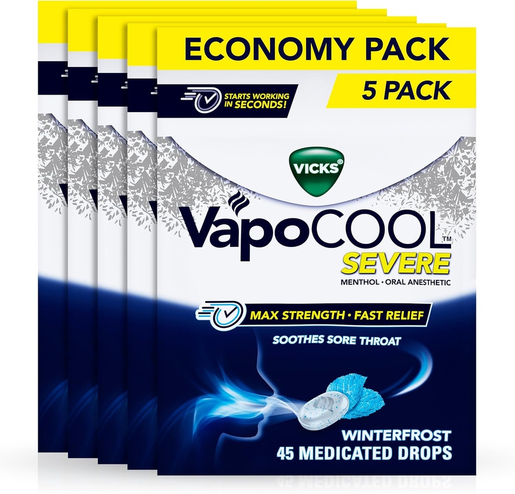 Vicks VapoCool Severe Sore Gocce di gola, Mentolo di massima resistenza, Dolore di gola di Soothes, Sapore di Winterfrost, 225ct (5-confezione di 45ct)