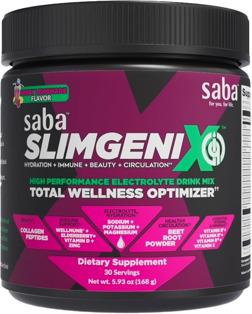 Saba SlimGenix IQ | 4-in-1 Ottimizzazione Bevande Mix | Berry Lemonade Flavor | Idratazione + Supporto immunitario + Circolazione + Bellezza | 30 Serve |