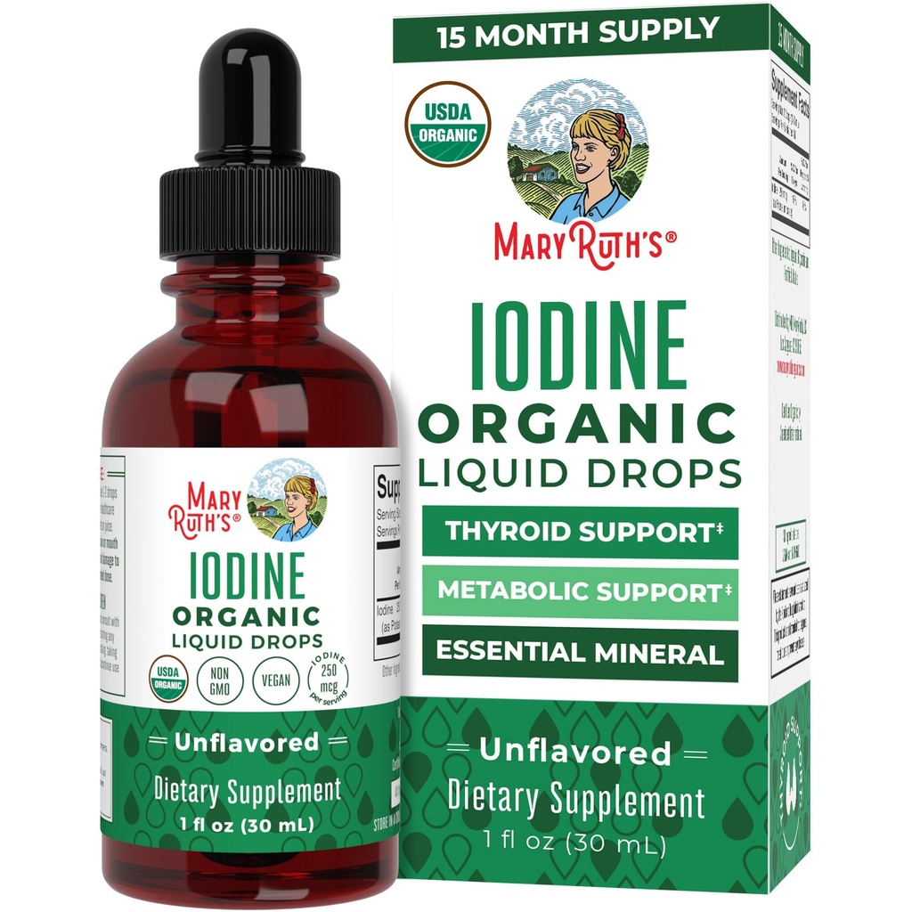 MaryRuth Organics Iodine Liquid Drops | Potassium Iodide | Alimentazione 1 anno | 450 Serve | Thyroid Health | USDA Organic| Vegan | Non-GMO | Gluten Free | 1 Fl Oz